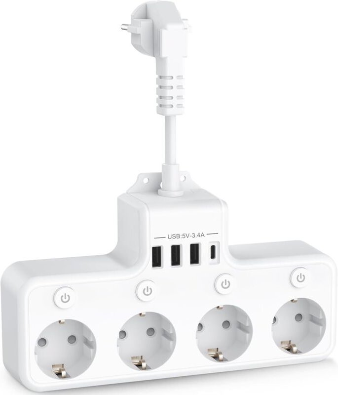 Tonchean - 8-in-1-USB-Steckdosenleiste, 4 Steckdosen mit 4 USB-Anschlüssen, Reiseladegerät (5 V/3 a, 5 V/2,4 a), 3680 w ...