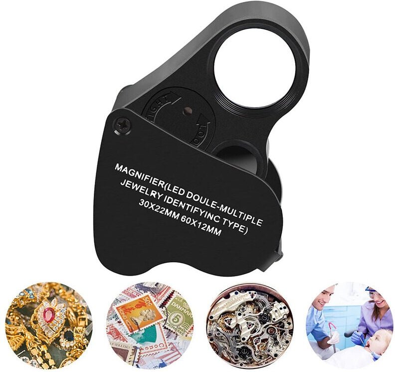 Juwelierlupe, Juwelierlupe, beleuchtet, 30- bis 60-fach, Schmucklupe mit UV-Schwarzlicht und hellem LED-Licht für Diaman...