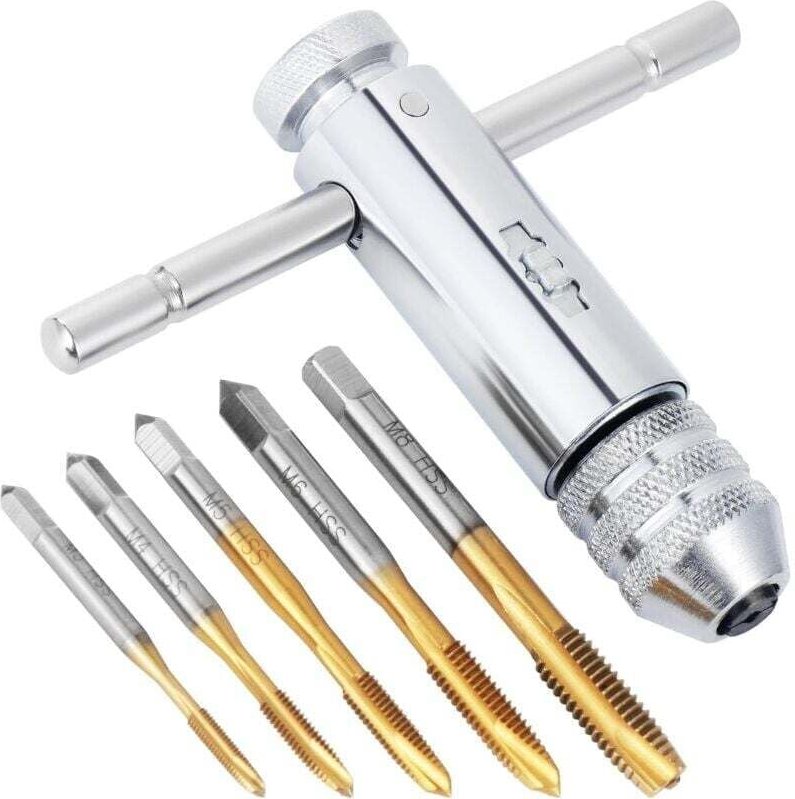 Gewindebohrer- und Schneideisen-Set für Linkshänder, Handgewindebohrer, verstellbare Ratsche, T-Griff-Gewindebohrerschlü...