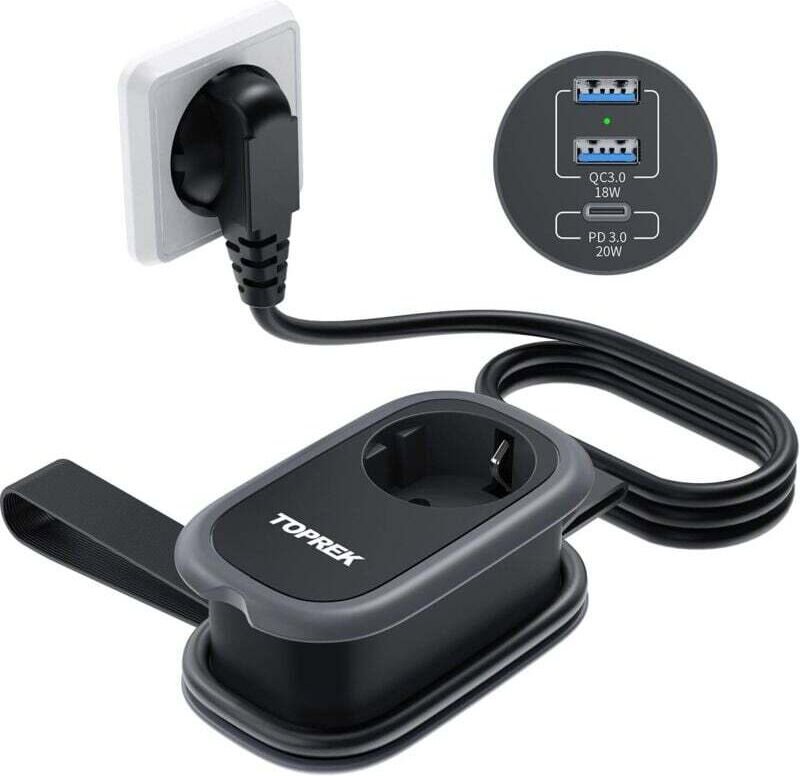 USB-Steckdosenleiste, Reiseladegerät mit Schnellladefunktion: USB-C (20 W PD3.0), 2 USB-A (18 W QC3.0), 1 Schuko-Anschlu...