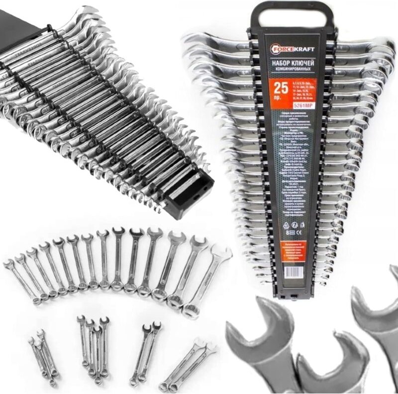 FORCEKRAFT Großer Satz Kombinationsschlüssel, 25-teilig, 6–32 mm, Chrom-Velours