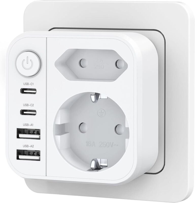 Mehrfachsteckdose 6-in-1 mit USB, Doppelstecker mit 2 USBA und 2 USBC Steckdose, Wandsteckdose mit Schalter (3680W/16A),...