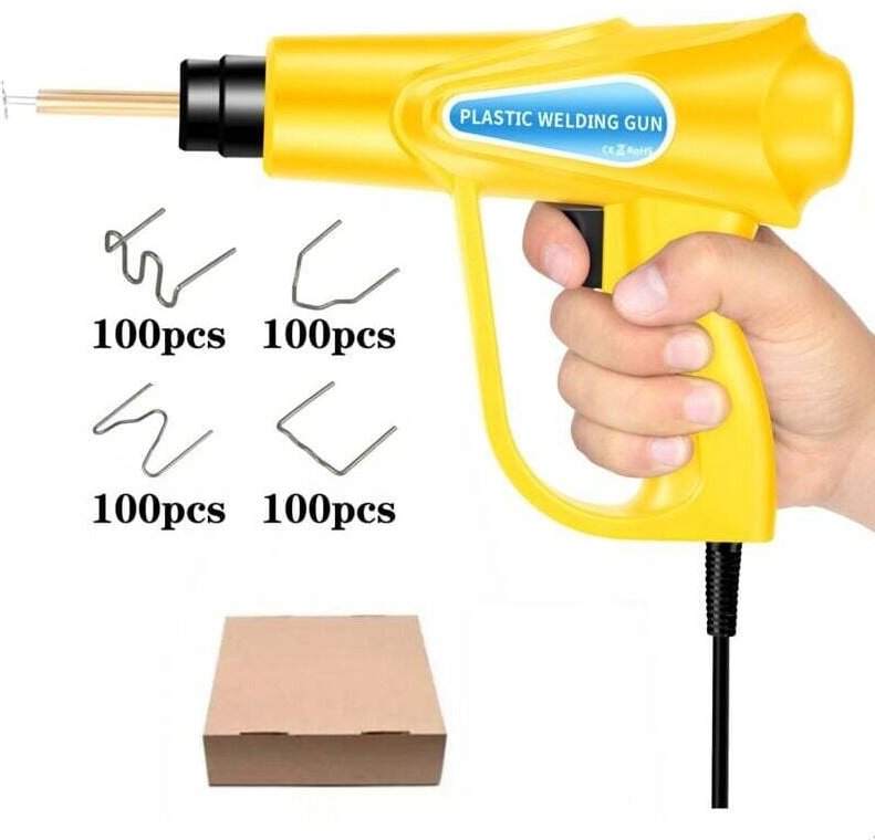 Kunststoffschweißset, Kunststoffreparaturset, 70-W-Heizelement (gelb) + vier verschiedene Schweißnägel (je 100 Stück), f...