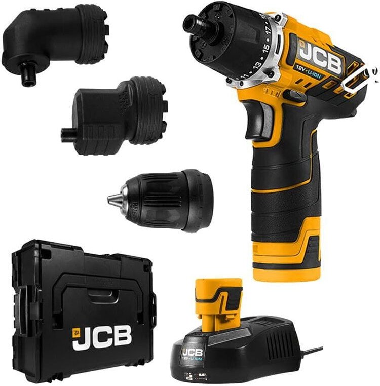 JCB - Akku Bohrschrauber 12V mit 2 Akkus 2,0 Ah, Ladegerät, 3 Aufsätze und l-boxx