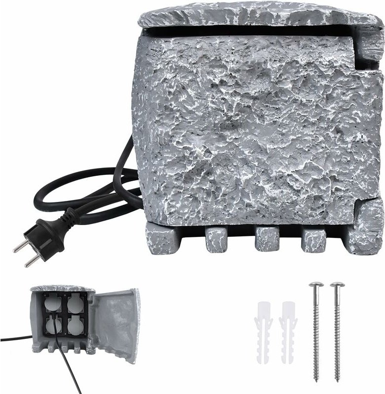 Gartensteckdose Stein-Optik Aussensteckdose Wasserdicht IP44 Außensteckdose mit 4 Schutzkontakt Steckdose Außen inkl. 1,...