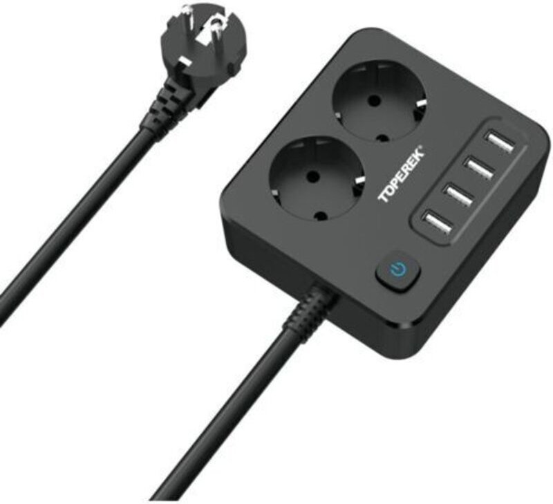 6-in-1-Steckdosenleiste mit 2 Steckdosen und 4 USB-Anschlüssen, 4000 W, Überspannungsschutz, Schalter, Schwarz