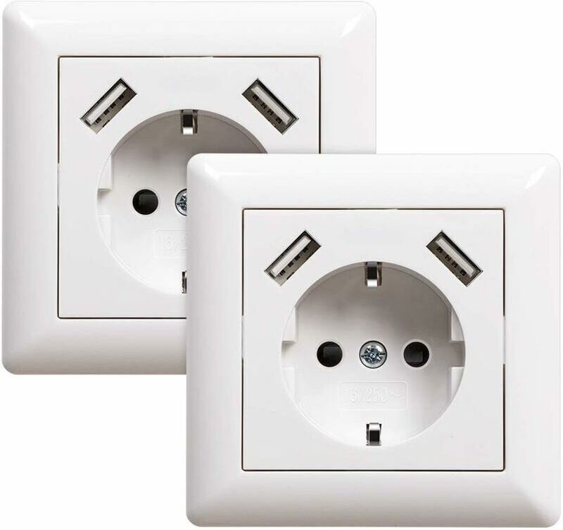 2 Steckdosen mit USB-Anschluss (max. Unterputzsteckdose mit USB-Buchse Weiß System 55 Weiß glänzend, von DEBUNS