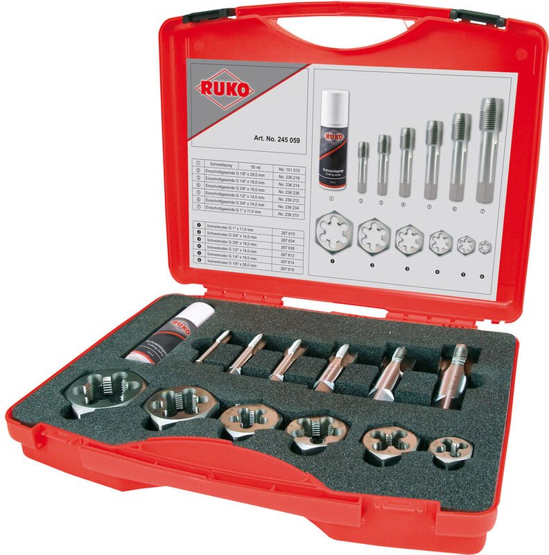 Ruko - 13-teiliger Sanitär-Reparatur-Gewindeschneidwerkzeug-Satz für zylindrisches Rohrgewinde