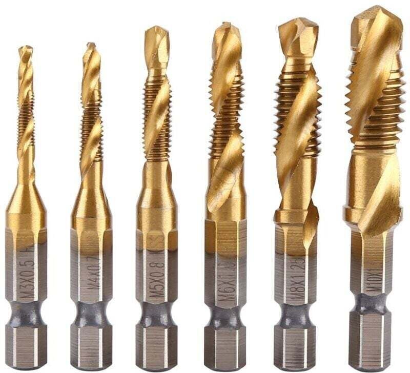 Satz von 6 Gewindebohrern, Gewindebohrer, metrisches Gewinde M3-M10 mit HSS-Titanbeschichtung und 1/4"-Gewindebohrer mit...