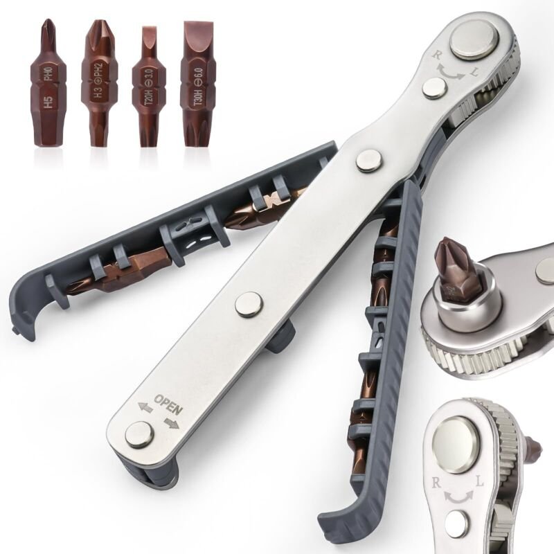 Ratschenschraubendreher, magnetischer Mini-Ratschenschlüssel mit 1/4"-Antrieb, hohem Drehmoment, Mini-Offset, reversible...