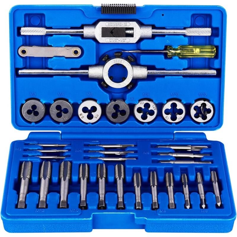 Metrischer Gewindebohrer- und Schneideisensatz mit Aufbewahrungskoffer, 32-teiliges Set zum Gewindeschneiden von M3 bis ...