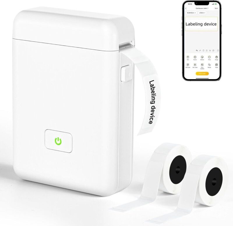 Bluetooth-Etikettendrucker, tragbarer Selbstklebeetikettendrucker, Thermodrucker für 2 Etikettenrollen, Etikettendrucker...