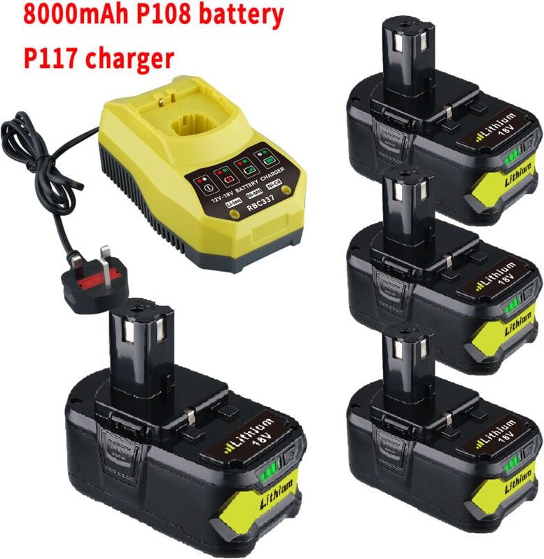 Thumbnail - Pdstation - 4er-Pack P108 P102 8,0 Ah Ersatz-Ryobi 18 V-Akku und P117 Ladegerät-Kombination, kompatibel mit Ryobi 18 Vol...