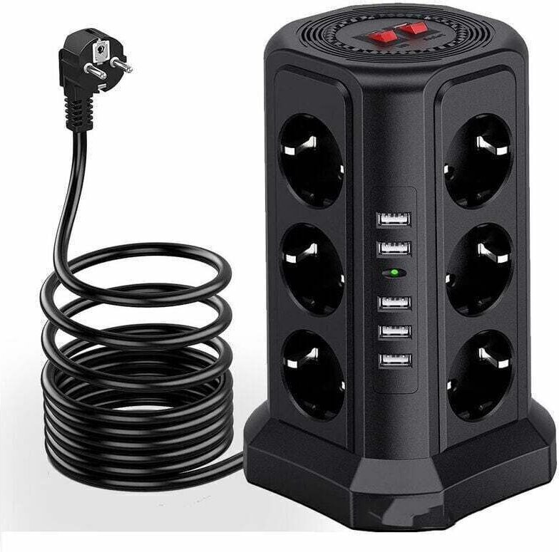 Überspannungsschutz-Steckdosenleiste - Elektrische Steckdosenleiste mit 5 USB-Anschlüssen und 12 Steckdosen, 3 Schaltern...