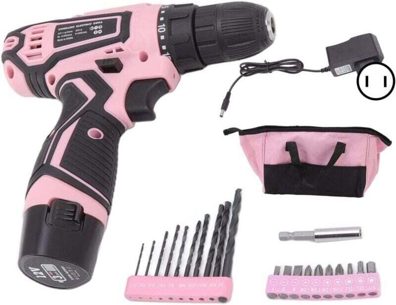 12-V-Elektroschrauber, wiederaufladbarer Akku-Kompaktbohrer, Handwerkzeuge, automatisches Gyro-Schraubenset, rosa Werkze...