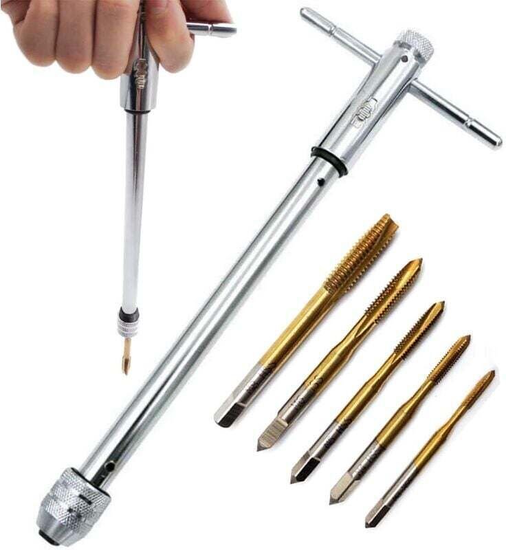 Handgewindebohrer-Set, 5-teilig, M3-M8 HSS, titanbeschichtet, Gewindeschneidwerkzeuge + verlängerter Werkzeughalter mit ...