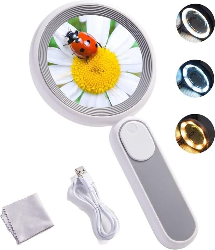 Lupa de lectura de 10 aumentos con 21 luces LED, recargable por USB, con 3 modos de iluminación, ideal para niños mayore...