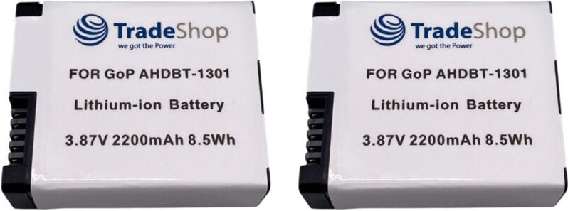 2x Trade-Shop Li-Ion Akku 3,87V / 2200mAh kompatibel mit GoPro HERO13 Black Actionkamera ersetzt AHDBT-1301, AHDBT-1301P...