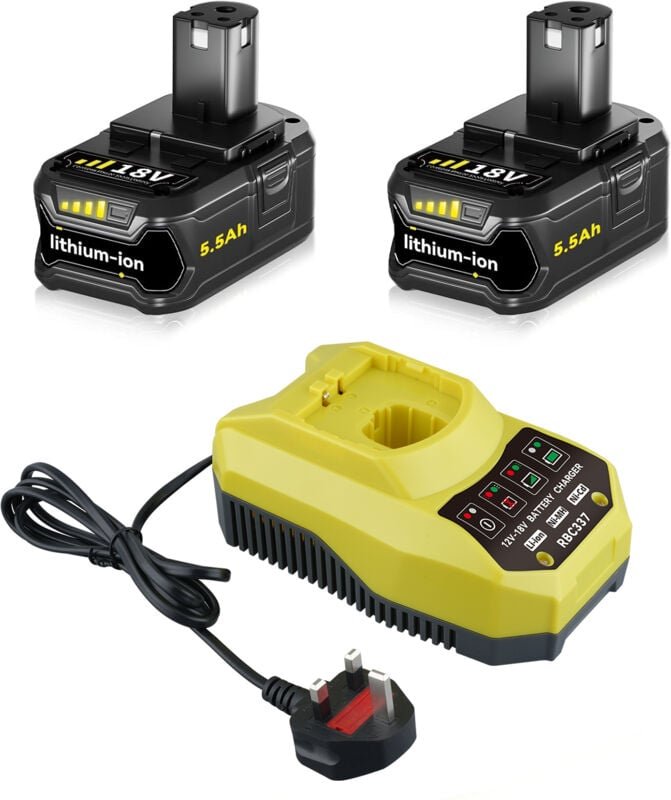 Thumbnail - Pdstation - 2× P108 18 v 5,5 Ah Ersatzakkus und Ladegeräte, kompatibel mit Ryobi 18 v one+ P102, P103, P104, P105, P107,...