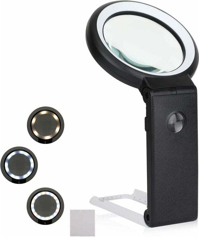 Beleuchtete Lupe, 6X 25x Handlupe mit 8 LED-Licht, dimmbare Lupenlampe, Standlupe mit klappbarem Ständer, zum Lesen, Prü...