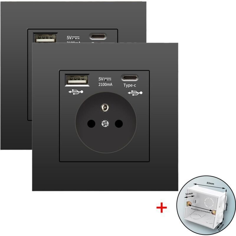 2er-Pack Wandsteckdosen mit USB und Typ-C, 5V 2,1A, EU-Standard, versenkte USB-Steckdose, Steckdosenleiste mit Montagebo...