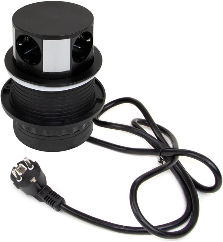 Vertikal Push abnehmbare Mehrfachsteckdose durchmesser 100mm, 3 Schuko-Stecker, 1 usb Typ a, 1 usb Typ c, Stahl und Kuns...