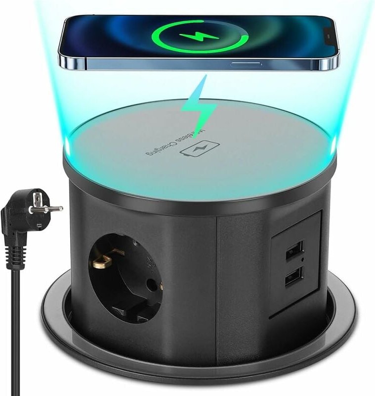 Thumbnail - Mehrfachsteckdosen Versenkbare Steckdose 2 usb a, 3 Fach Tischsteckdose Steckdosenleiste mit 15W Kabellosem Ladegerät, E...