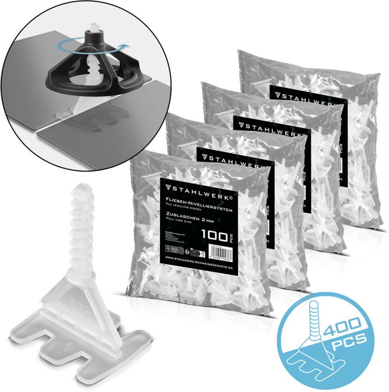 STAHLWERK 2 x Fliesen-Nivellier-System 200-teilig Zuglasche mit Gewinde