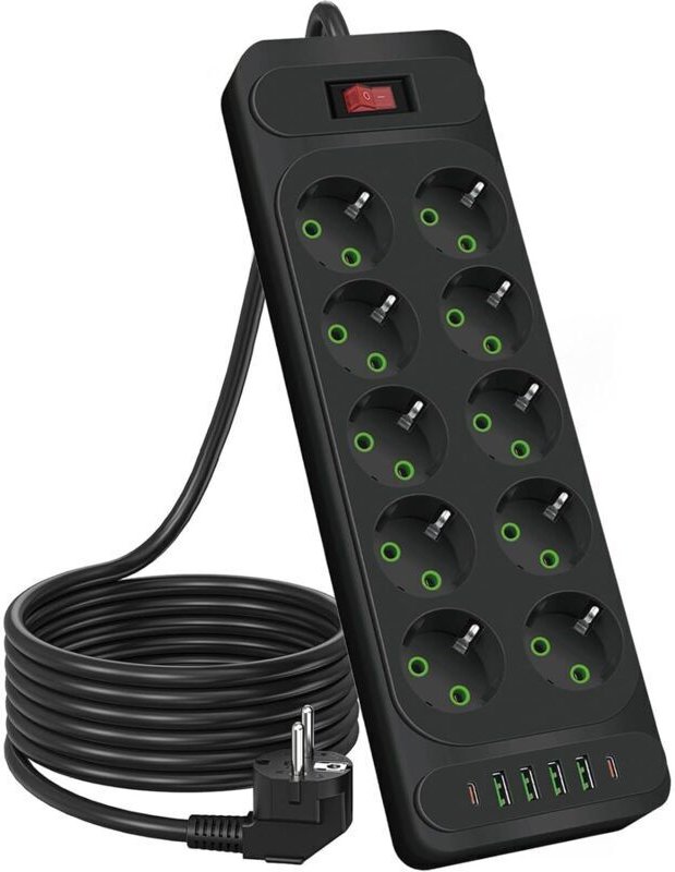 10-fach Steckdosenleiste, 2500 W, mit Schalter und 1,8 m Kabel – schwarz