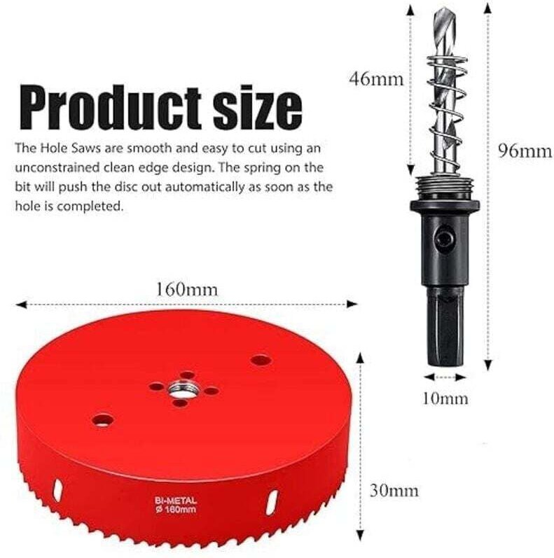 Scie cloche 160 mm,Acier rapide HSS M42 bi-métal,Scie-cloche avec tige hexagonale et foret pour bois, construction sèche...