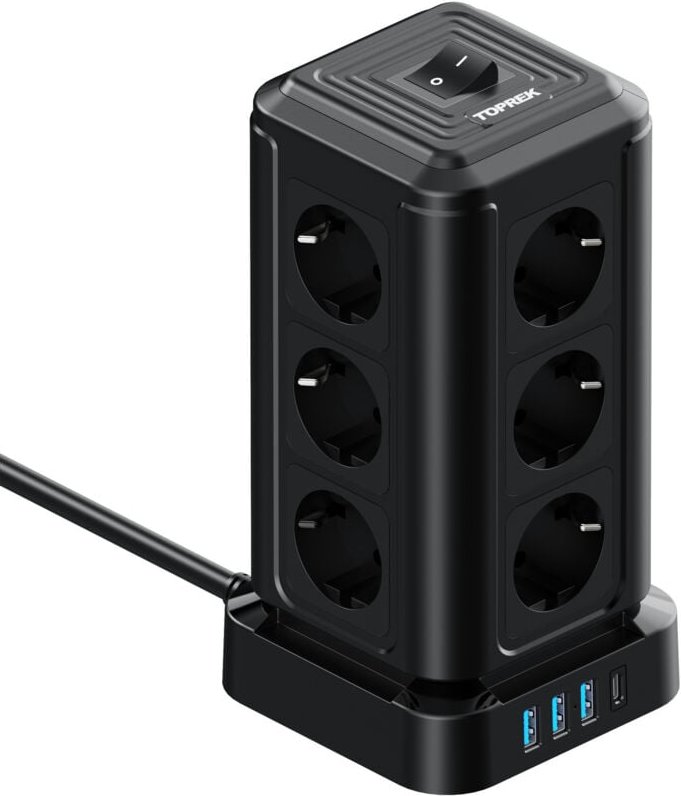 TP-VF4U12E-C Europäische Turmsteckdosenleiste mit 12 Steckdosen, 4 USB-Anschlüssen, 2 m Kabel, 4000 W, Überlastschutz