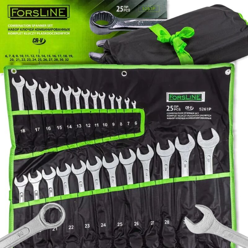 FORSLINE Großer Satz Kombinationsschlüssel, 25-teilig, 6–32 mm, Chrom-Velours