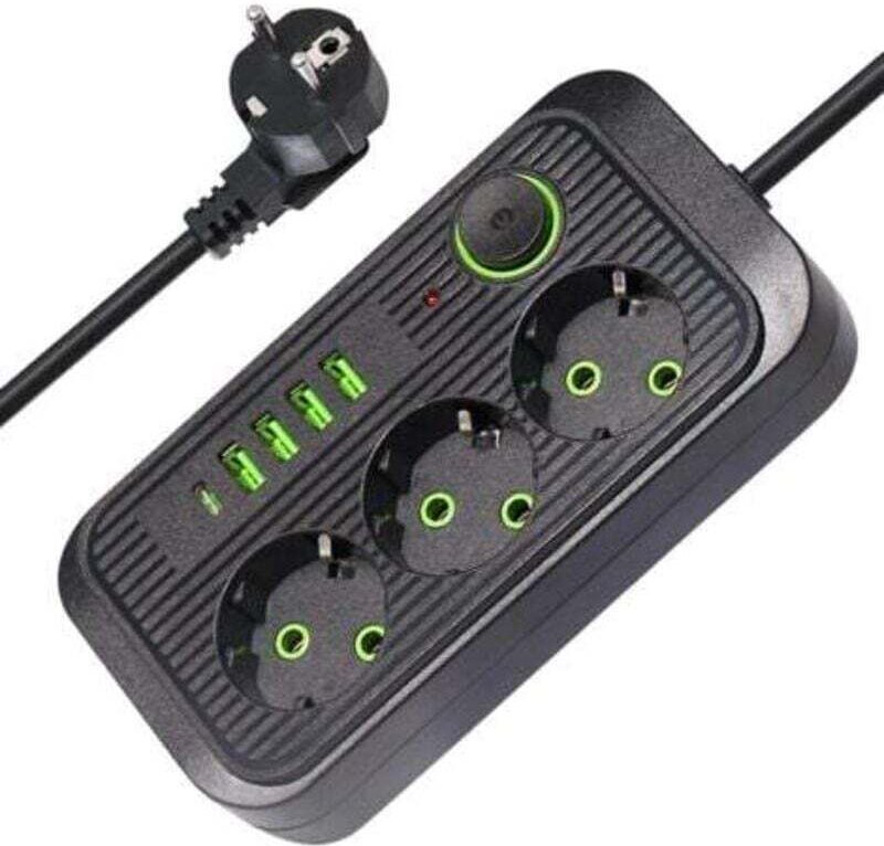 3-fach Steckdosenleiste mit Schalter, 4 USB-A-Anschlüsse und 1 USB-C-Anschluss, Überspannungsschutz, 2 m Kabel, 10 A 250...