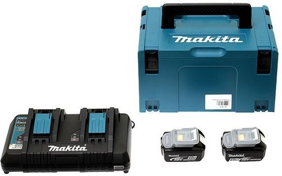 18V Li-Ion Power Pack + 2 x 18V 4.0Ah Akkus + 1 Doppelladegerät mit makpac Box - 197504-2 - Makita