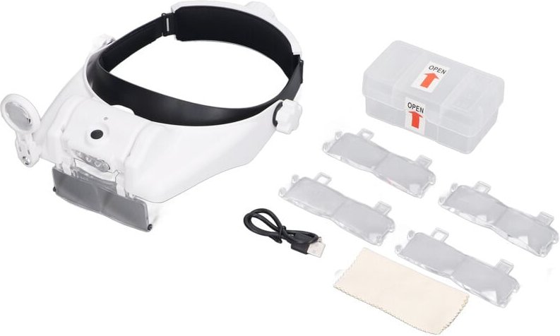 Wiederaufladbare LED-Kopflupe mit 4-teiliger Brille zum Lesen und Reparieren