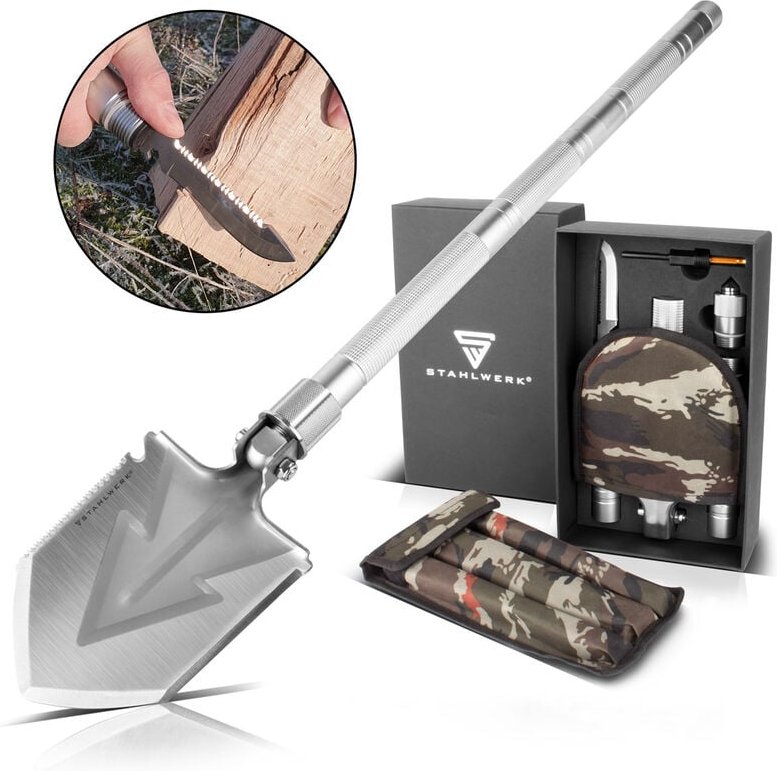 STAHLWERK Multitool Multifunktionswerkzeug Klappspaten Messer Säge Feuerstahl