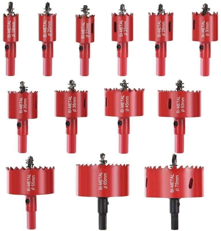 Bimetall-Lochsäge, 13-teiliges Bohrerset (mit 13 Dornen, Sechskantschlüssel und Federn), Sägeblatt ø 18–75 mm zum Bohren...