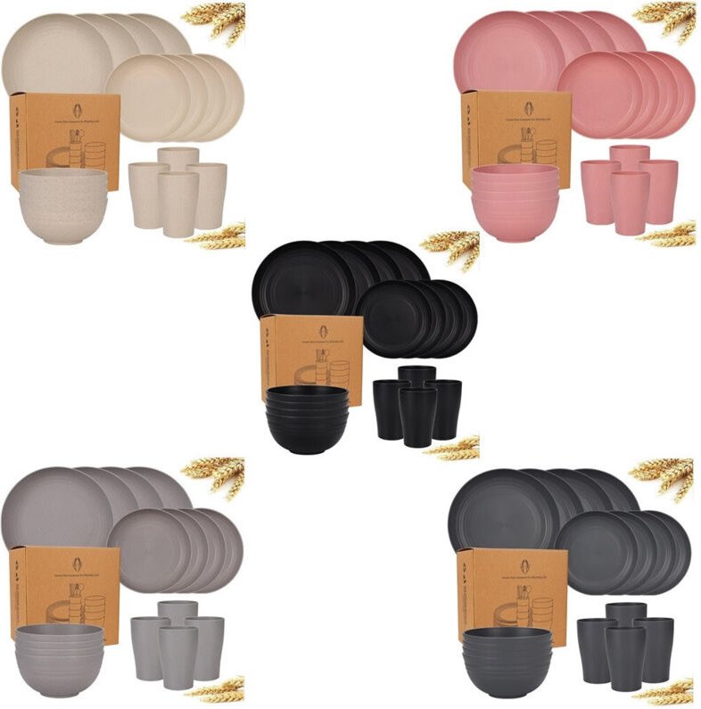 Trade Shop - Set von 16 stücke Körnung Strohgeschirr Geschirr Schüsseln Unzerbrechliche Platten Wiederverwendbar -