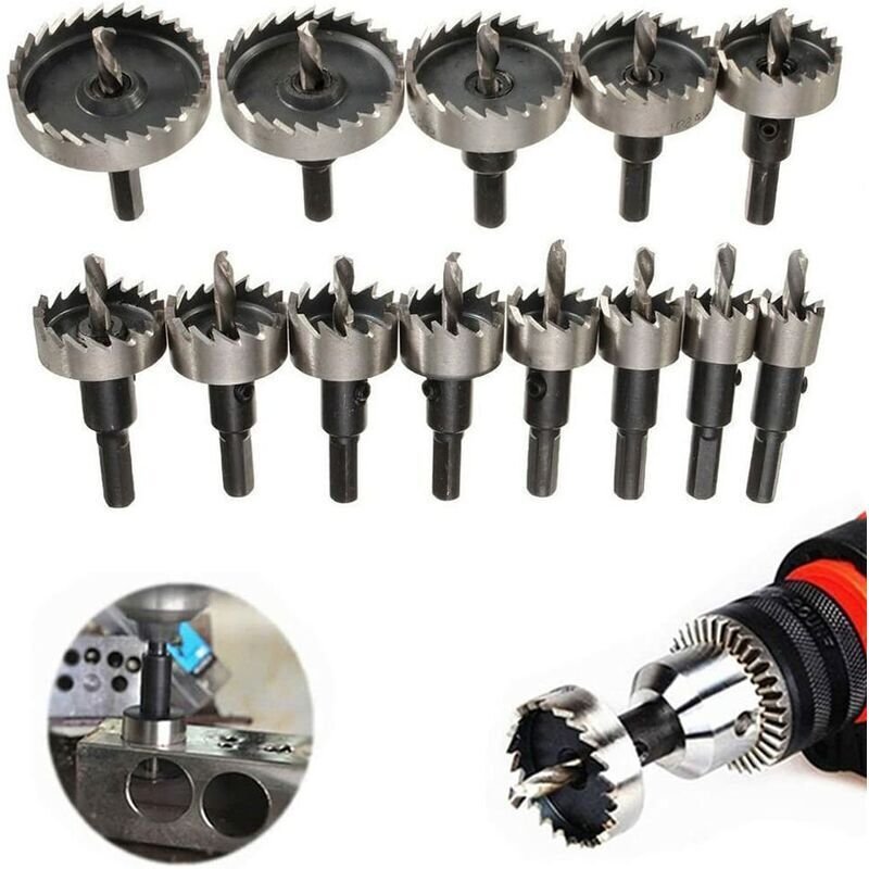 Set mit 13 HSS-Lochsägenbohrern mit Hartmetallspitze, 16-53 mm, für Kunststoff, Stahl, Metall und Holz.