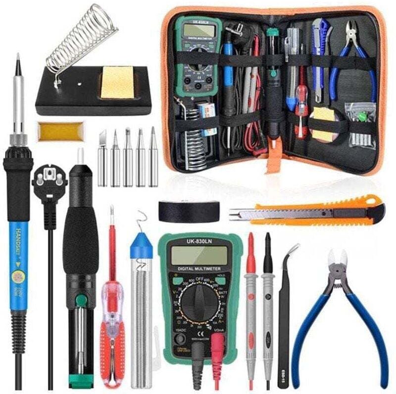 Lötkolben-Set, 60 W, einstellbare Temperatur von 200 bis 450 °C, Multimeter, 5 Lötspitzen, Entlötpumpe, Lötstation