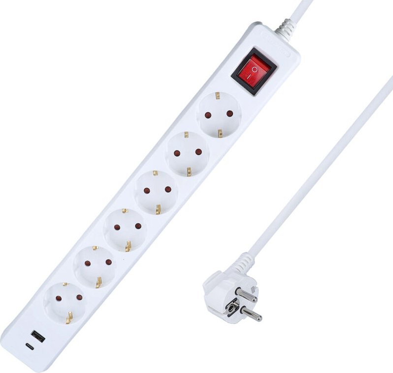 6-fach Steckdosenleiste weiß mit USB A+C 5 m Kabel