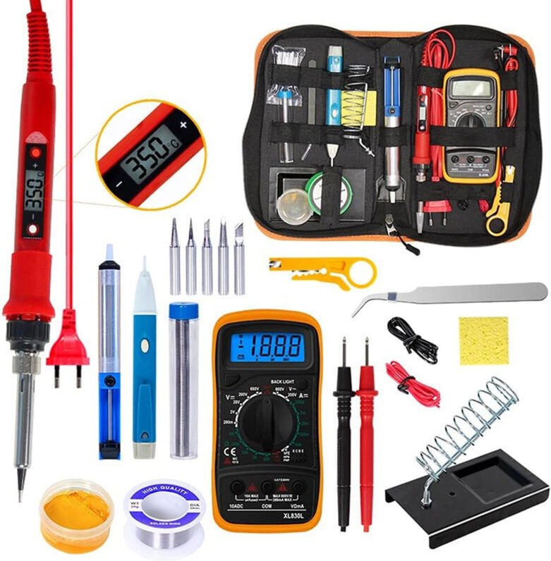 80-W-LCD-Lötkolben-Set, Temperatur 180–480 °C, 5 Lötspitzen, Entlötpumpe, Draht, Ständer, Elektronikpinzette