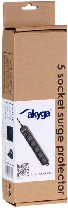 Akyga AK-SP-05U Überspannungsschutz-Steckdosenleiste mit 5 Steckdosen, 2 x USB 5V, Schalter, 1,5 m