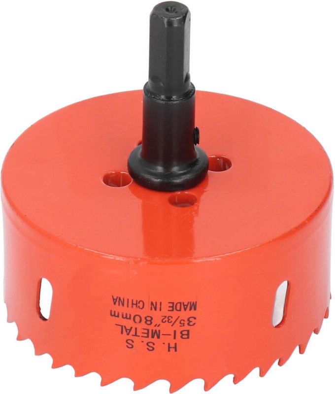 Die 80-mm-Lochsäge mit schlagfestem, gezahntem Sägeblatt schneidet Holz, PVC und Weichmetallkarten.