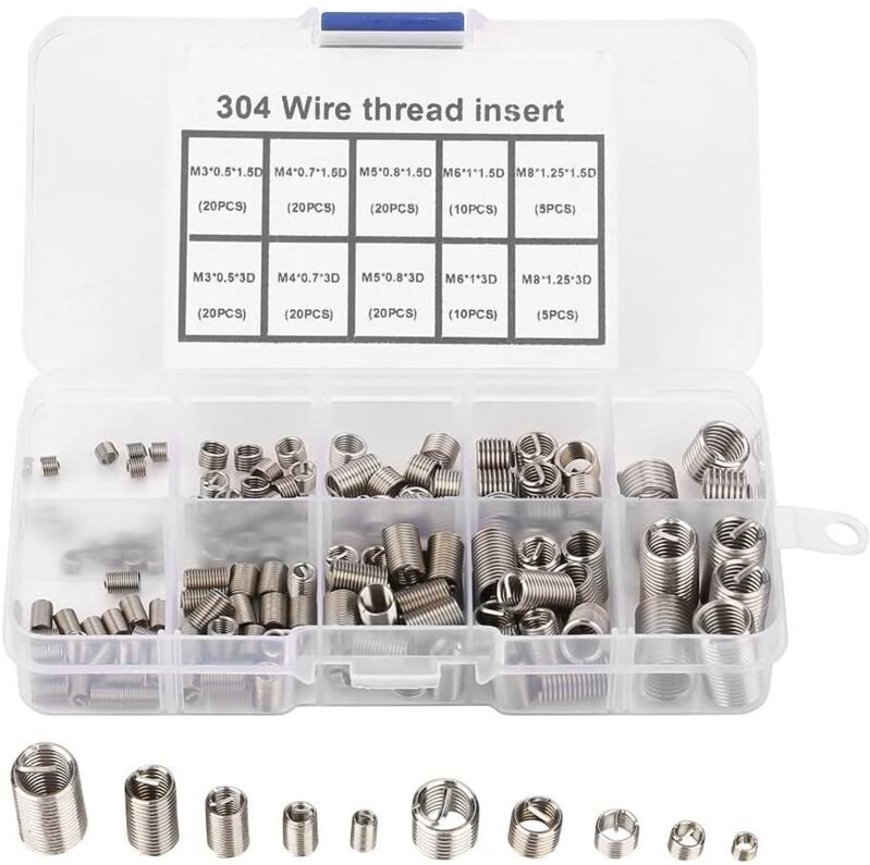 Packung mit 150 Gewindereparatureinsätzen, Sortiment an Gewindereparatureinsätzen aus Edelstahl M3-M8