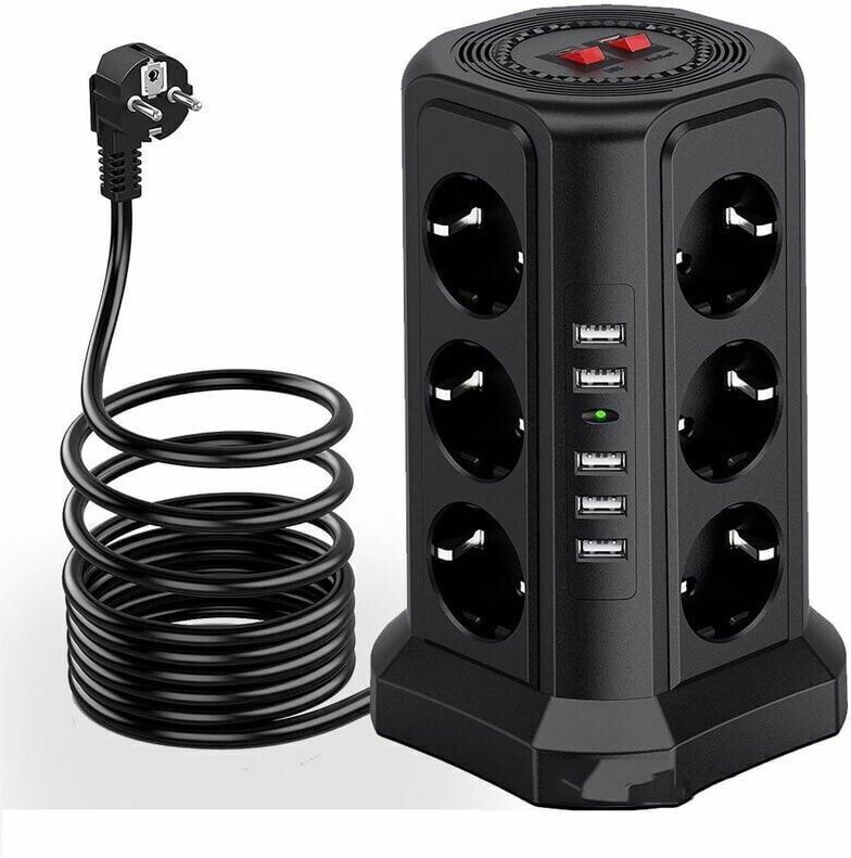 Berspannungsschutz-Steckdosenleiste, 5 USB-Anschlüsse, 12 Steckdosen, Steckdosenleiste mit 3 Schaltern, Schwarz - Ymyny