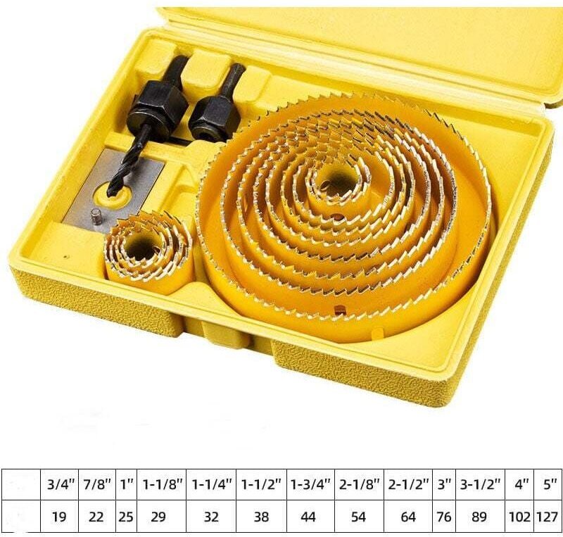 Ahlsen Lochsäge aus Kohlenstoffstahl, Durchmesser 19–127 mm, geeignet für Holz, Gipskarton, Kunststoff (gelb)