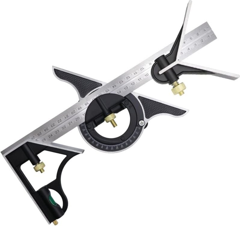 Kombinationswinkel 300 mm, Kombinationswinkellineal aus Edelstahl, Kombinationswinkel mit Wasserwaage und praktischem Sc...