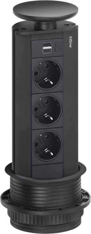 Port Steckdosenleiste 3xSchuko 2xUSB-Charger - versenkbar schwarz - Einbau 102mm - 230 v - Wippdeckel - 312mm Höhe - Evo...