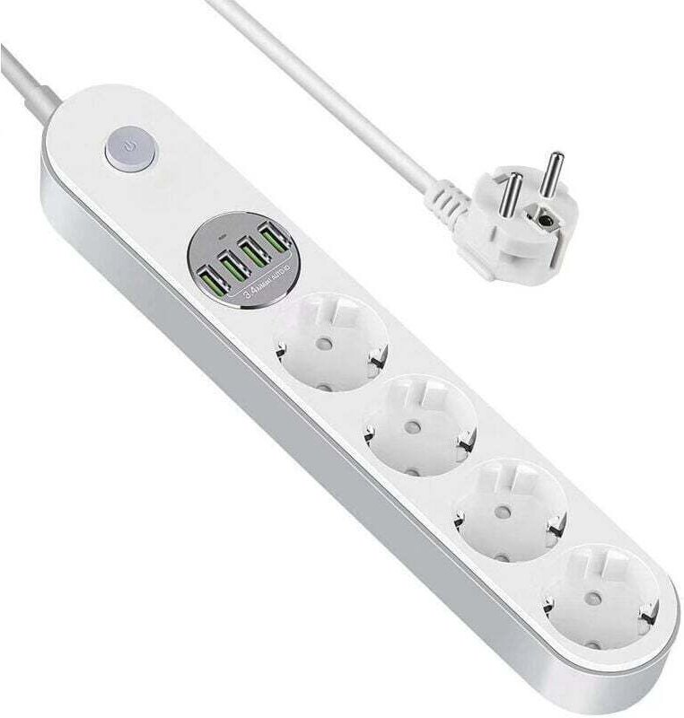 USB-Steckdosenleiste, Überspannungsschutz, 4 Steckdosen mit 4 USB-Anschlüssen, Steckdosenleiste mit Schalter, Mehrfachst...